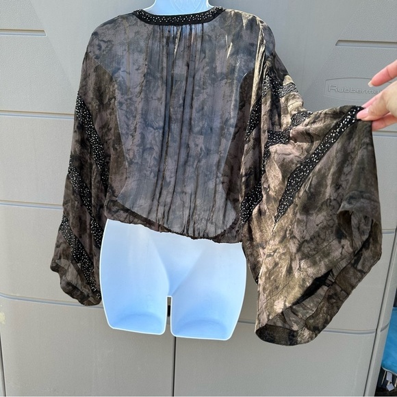 Free People Cropped sheer embellished beaded bell sleeves dye blouson top sz XS - Picture 9 of 15